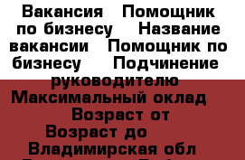 Вакансия : Помощник по бизнесу  › Название вакансии ­ Помощник по бизнесу   › Подчинение ­ руководителю › Максимальный оклад ­ 39 999 › Возраст от ­ 18 › Возраст до ­ 70 - Владимирская обл., Владимир г. Работа » Вакансии   . Владимирская обл.